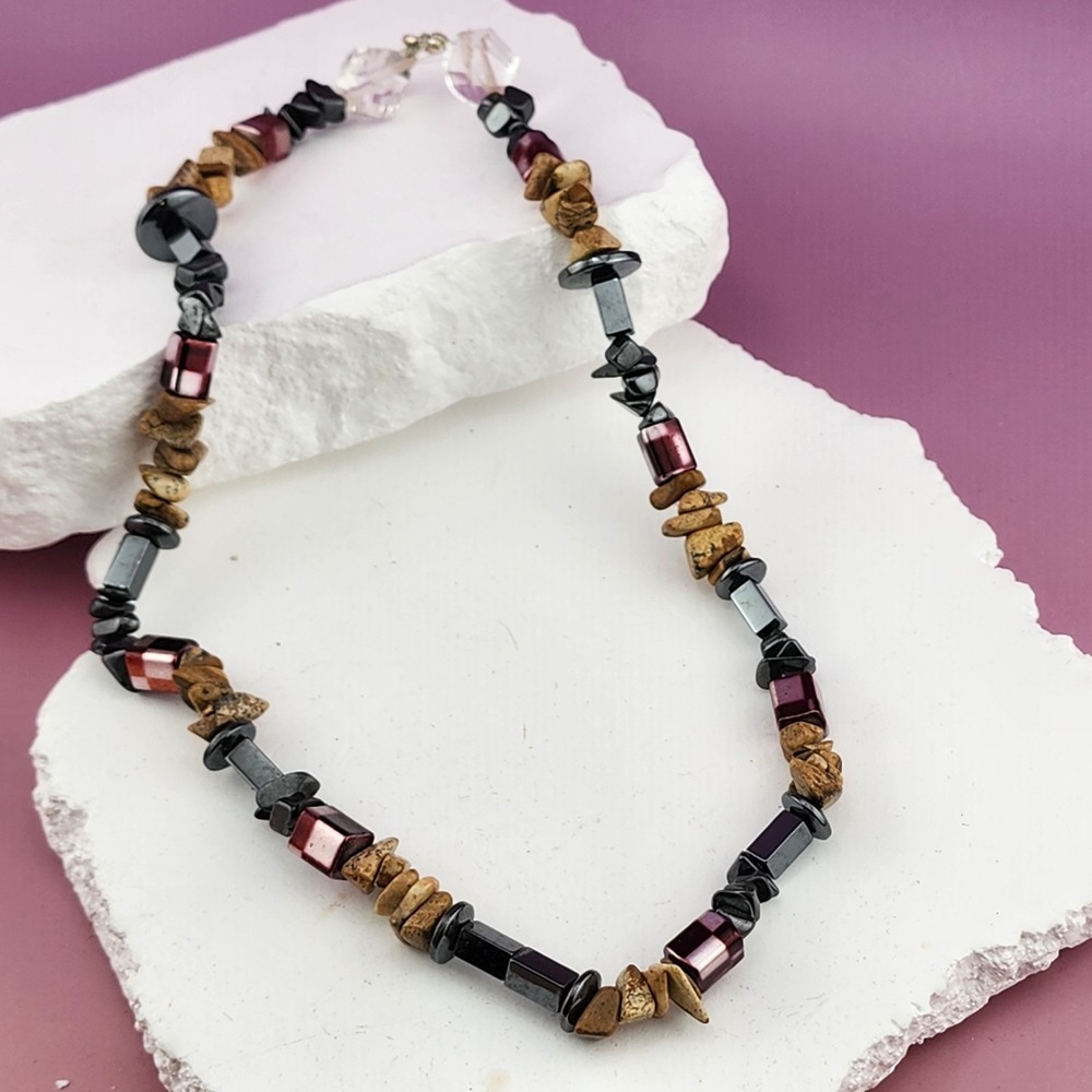 Picture Jasper Hematite Glass Crystal Beaded Necklace Earthy Boho Statement